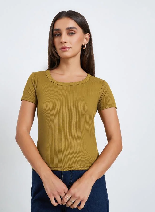 Styli Women Olive Ribbed Knit Short Sleeve Top